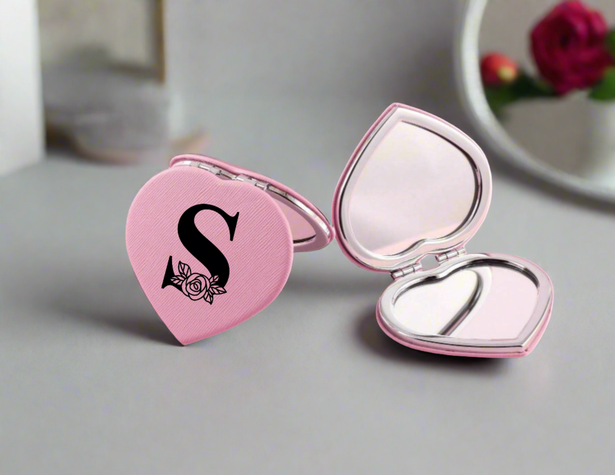 Personalized Pink Heart Compact Mirror